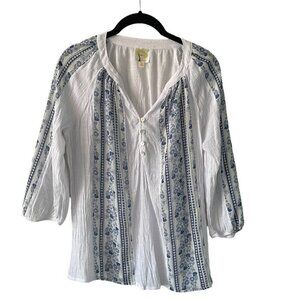 Fig & Flower Henley Floral 3/4 Sleeve Casual Blouse White Blue Small
